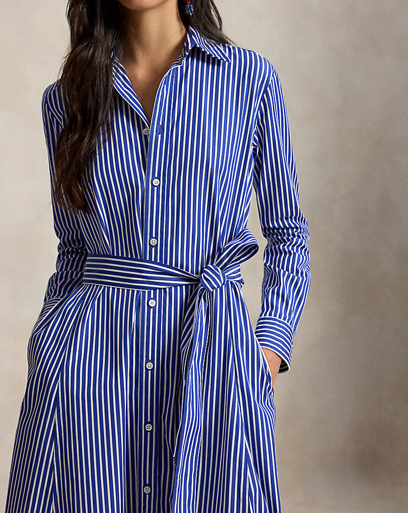 Belted Striped Cotton Shirtdress 1073b Bright Navy/ White