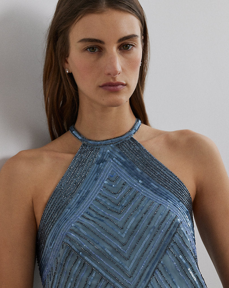 Beaded Mesh Halter Cocktail Dress Light Blue Multi