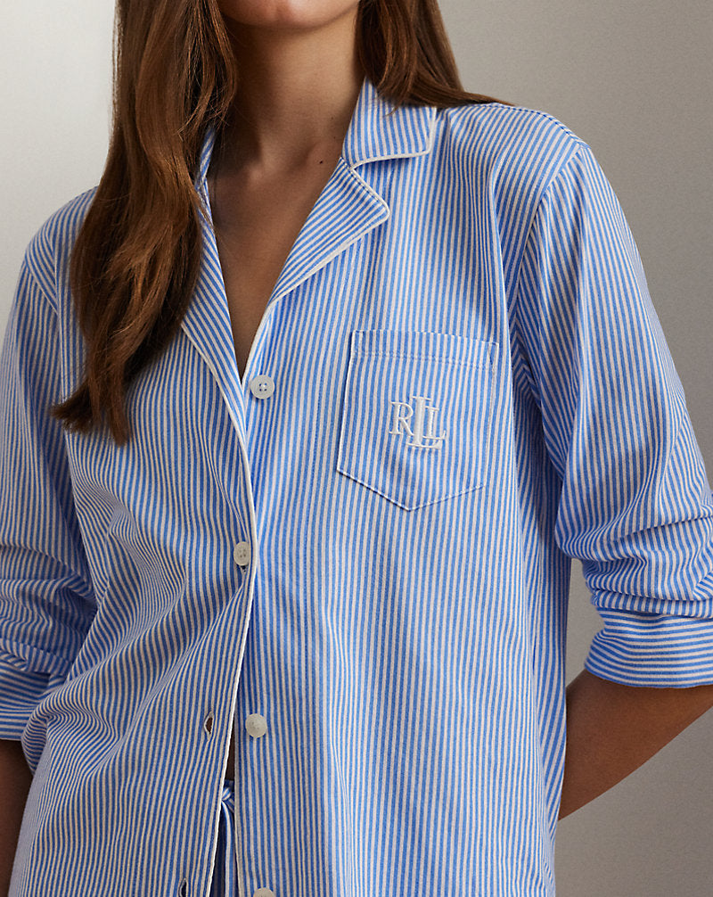 Striped Cotton Jersey Capri Sleep Set Blue
