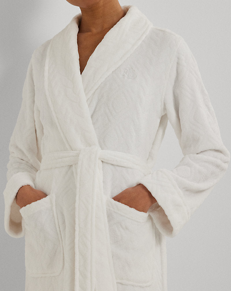 Aran-Clipped Long Shawl-Collar Robe White
