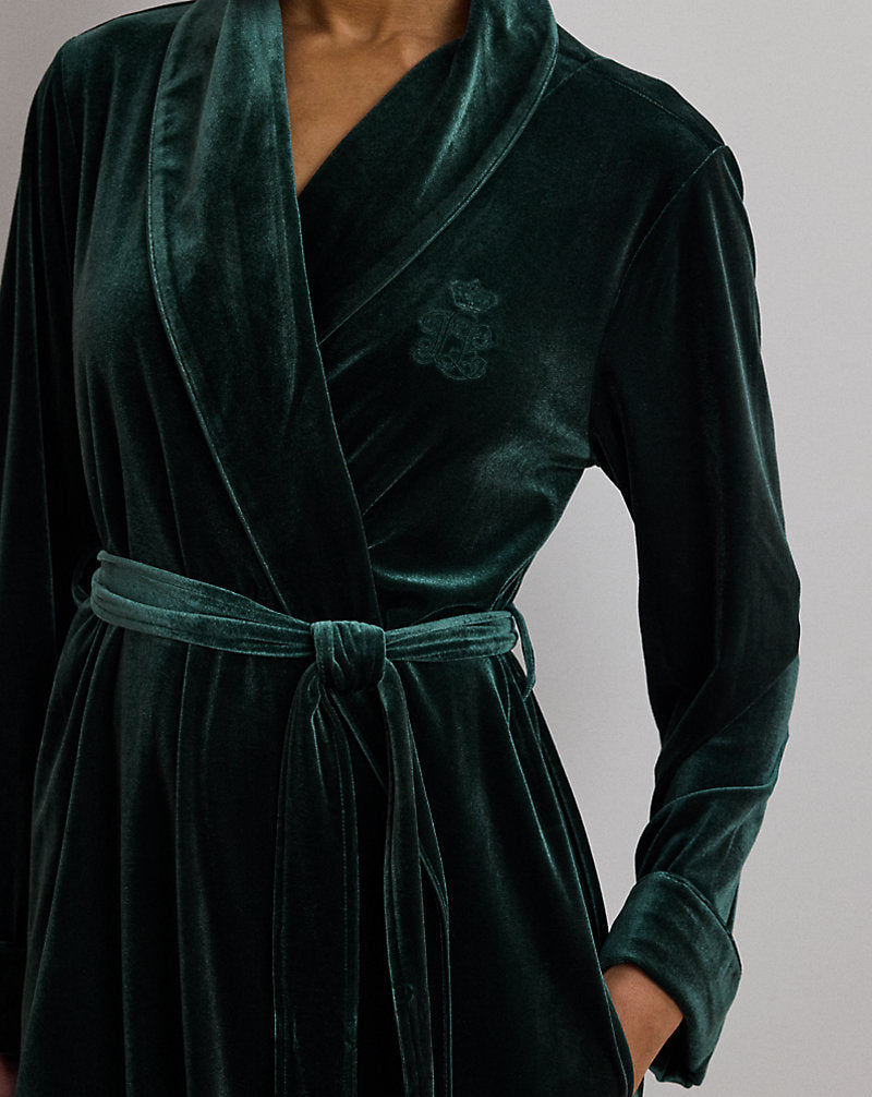 Velvet Long Shawl-Collar Robe Emerald