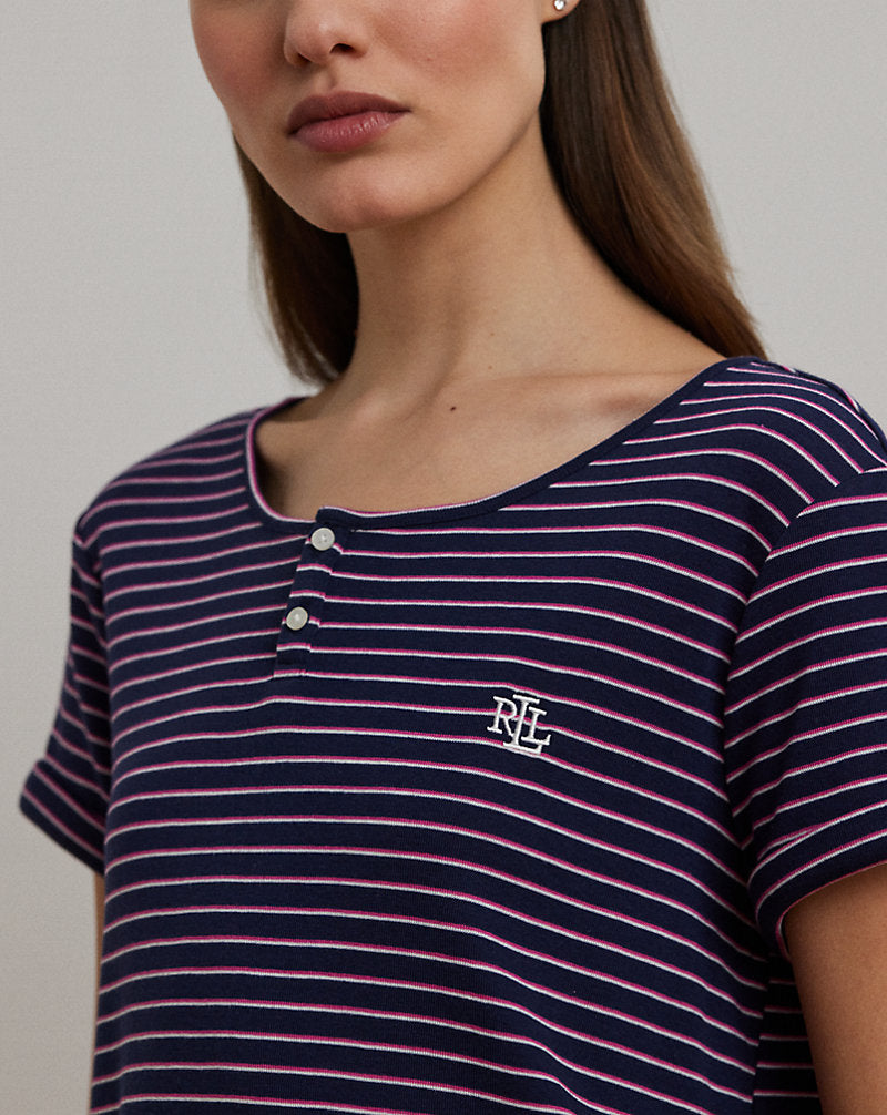 Striped Rib-Knit Henley Sleep Tee Navy Stripe