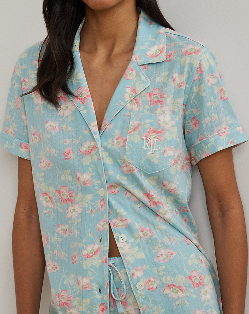 Floral Textured Knit Cropped Sleep Set Blue Floral