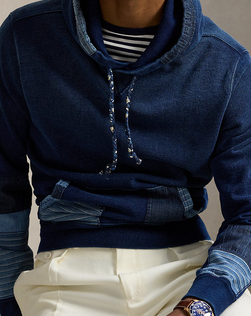 Indigo French Terry Patchwork Hoodie Dark Indigo Multi