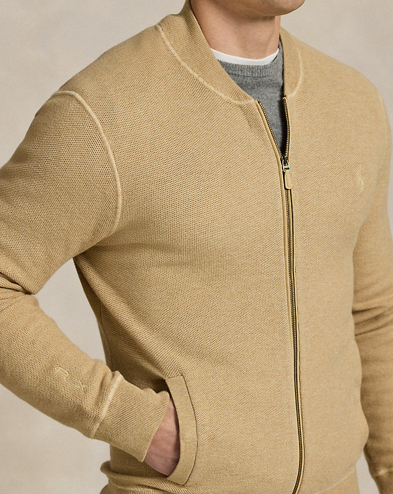 Mesh-Knit Cotton Full-Zip Jumper Camel Combo