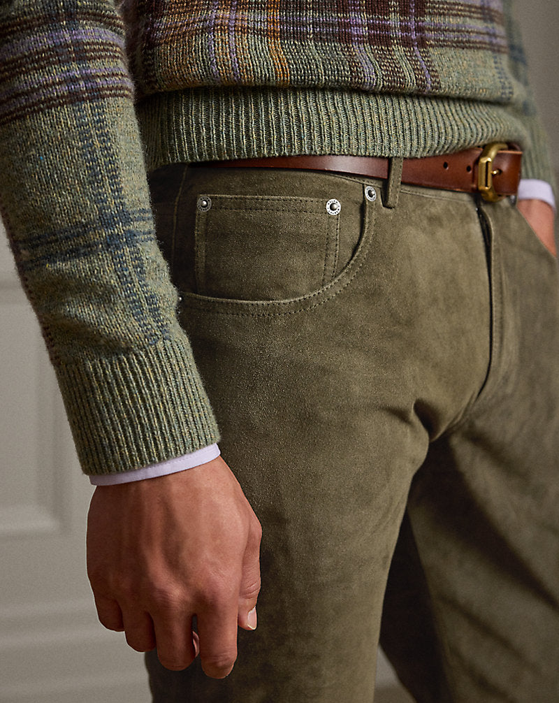 Hand-Tailored Suede Five-Pocket Trousers Thicket Moss