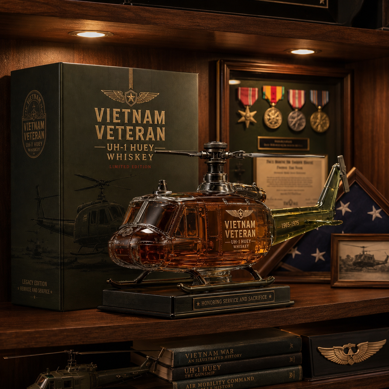 🇺🇸🚁🎖️Vietnam Veteran UH-1 Huey Helicopter 1965-1975 Whiskey Bottle