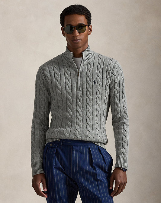 Cable-Knit Cotton Quarter-Zip Jumper Fawn Grey Heather