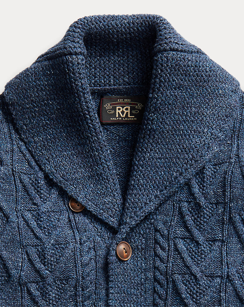 Aran-Knit Cotton Cardigan Navy Heather