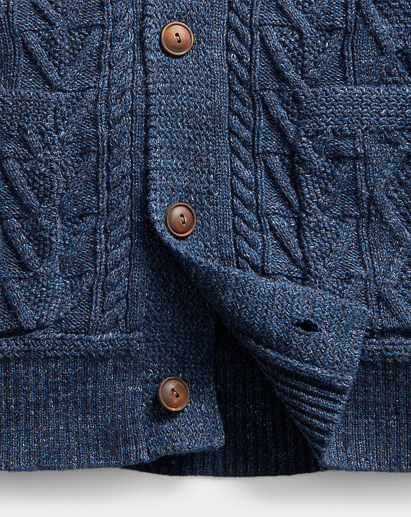 Aran-Knit Cotton Cardigan Navy Heather