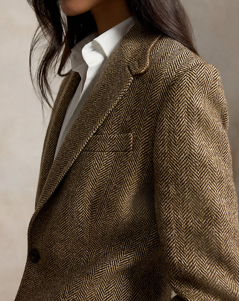Herringbone Linen-Blend Blazer Brown/Cream Herringbone