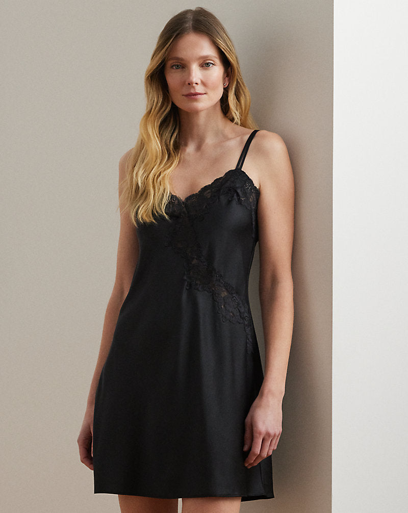Double-Strap Lace-Trim Satin Chemise Black