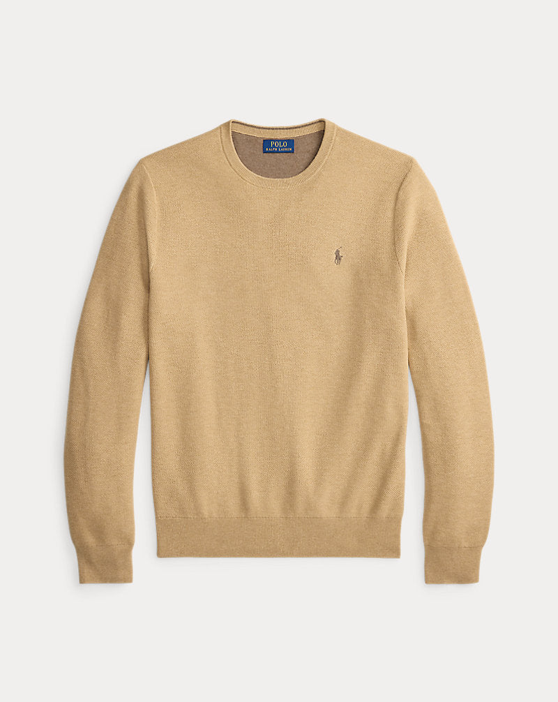 Mesh-Knit Cotton Crewneck Jumper Camel Melange