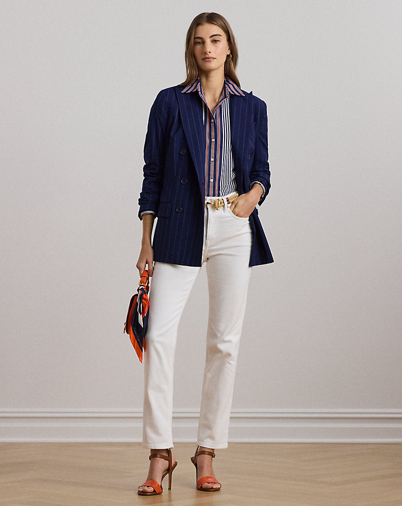 Pinstripe Double-Breasted Twill Blazer Navy/White