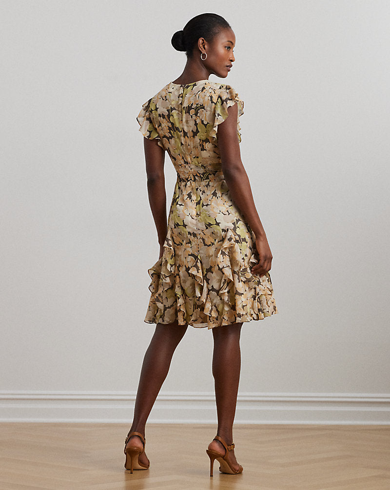 Floral Ruffle-Trim Georgette Dress Green Multi