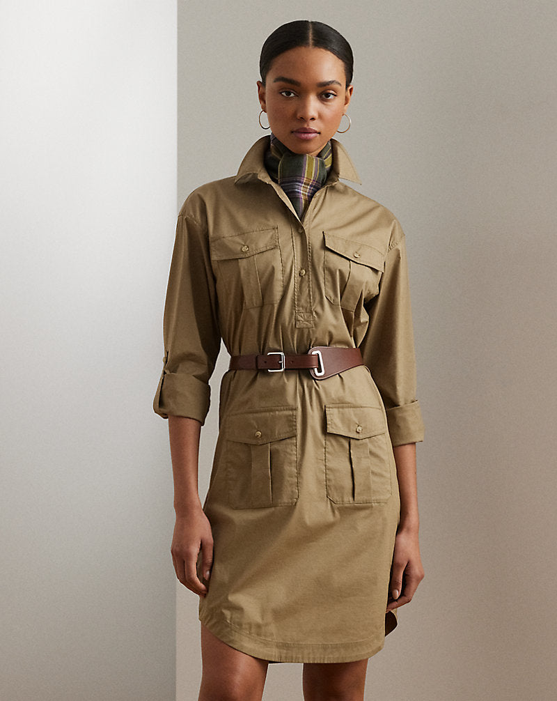 Belted Cotton-Blend Shirtdress Madison Tan