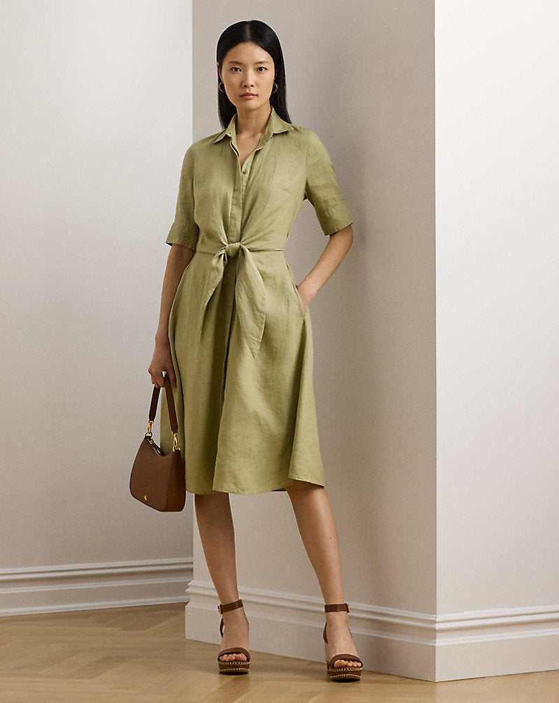 Tie-Front Linen Shirtdress Light Olive