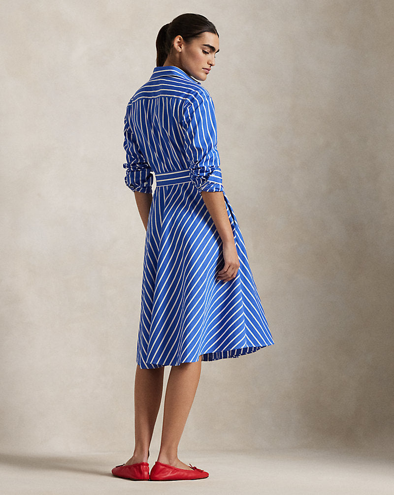Belted Striped Cotton Shirtdresse Blue/White