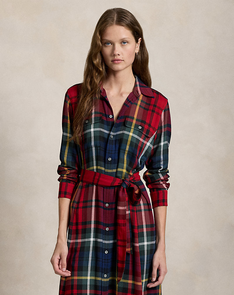 Belted Plaid Cotton-Blend Dress 1799 Red Multi Plaid