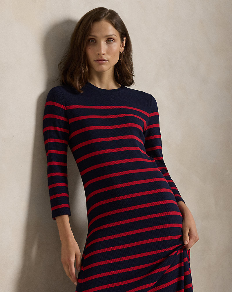 Striped Waffle-Knit Dress Hunter Navy/polo Sport Re