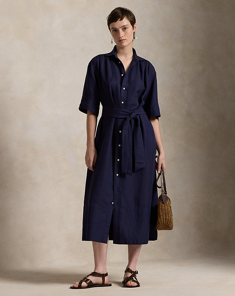 Belted Silk-Blend Shirtdress New Navy