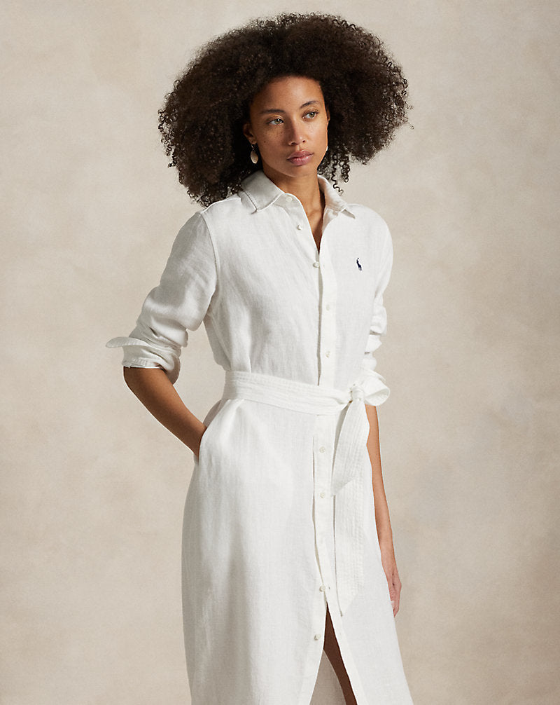 Belted Linen Shirtdress White