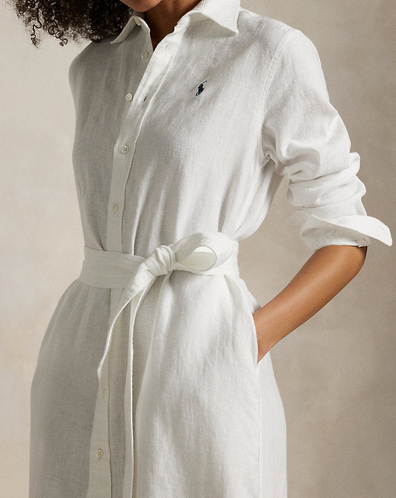 Belted Linen Shirtdress White