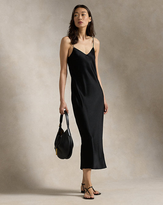 Satin Midi Slip Dress Polo Black