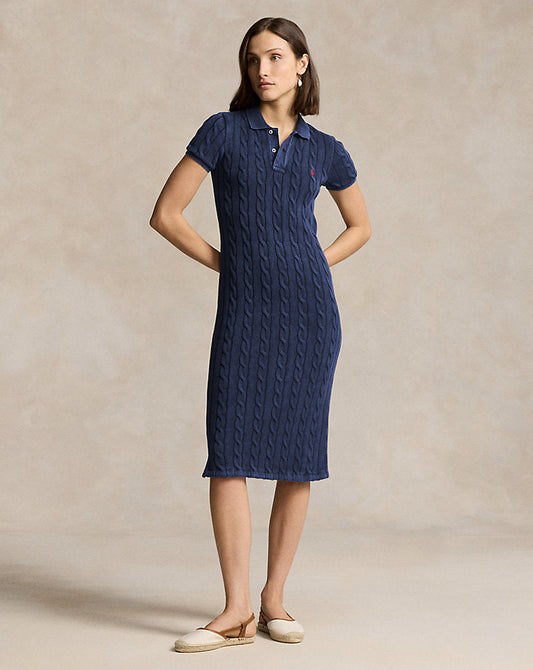 Cable-Knit Cotton Polo Midi Dress Newport Navy