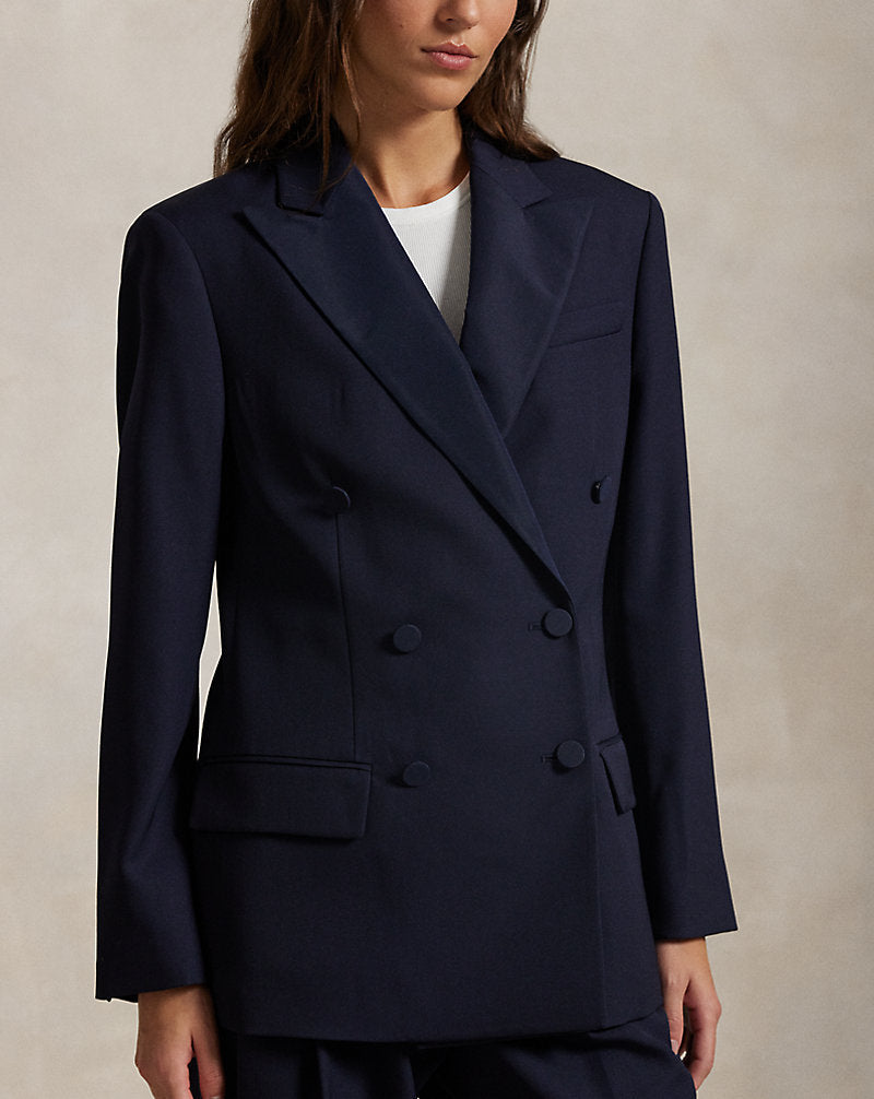Double-Breasted Silk-Lapel Wool Blazer Navy