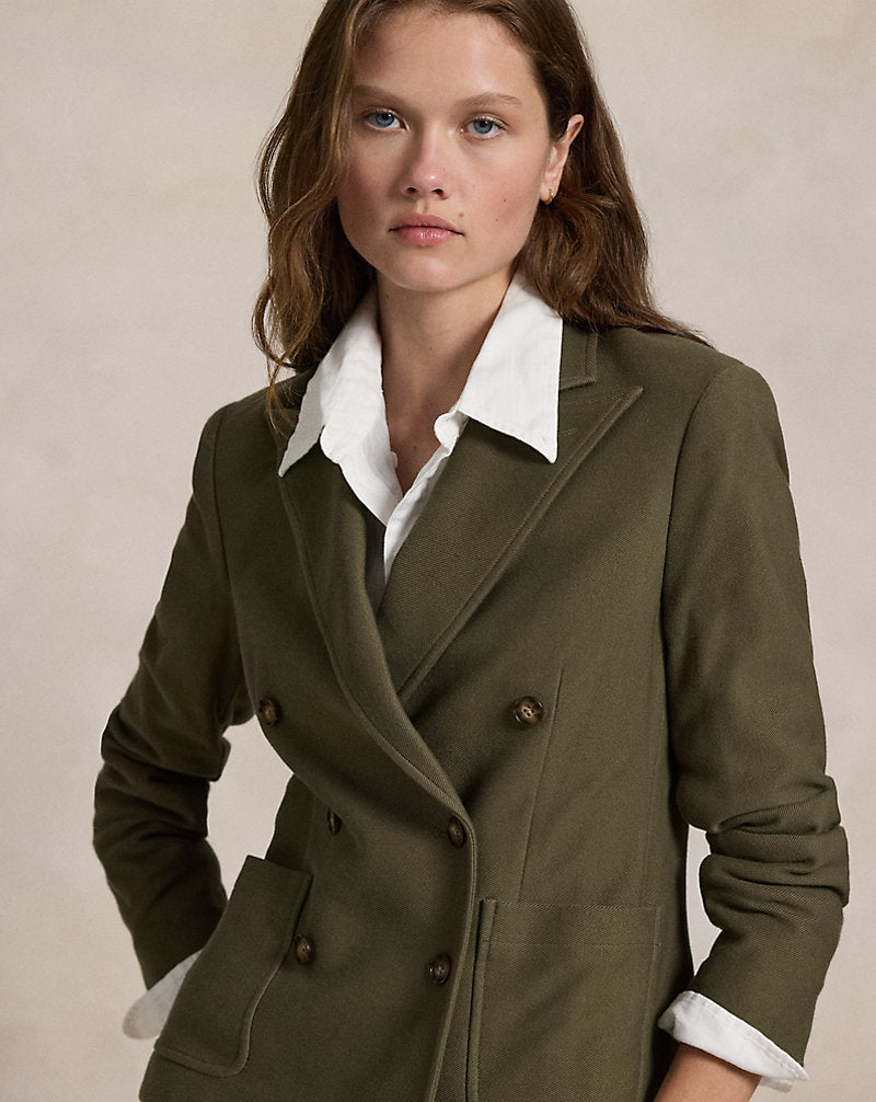Double-Breasted Jacquard Knit Blazer Outdoor Olive
