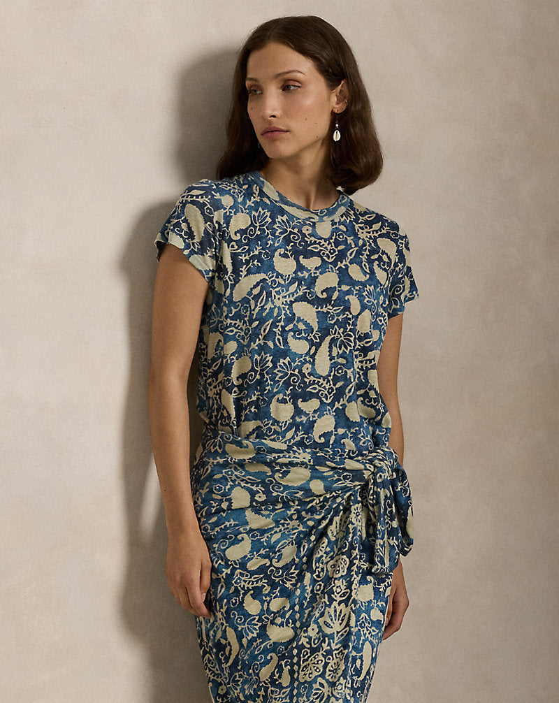 Print Linen Faux-Wrap Dress Scarf Print