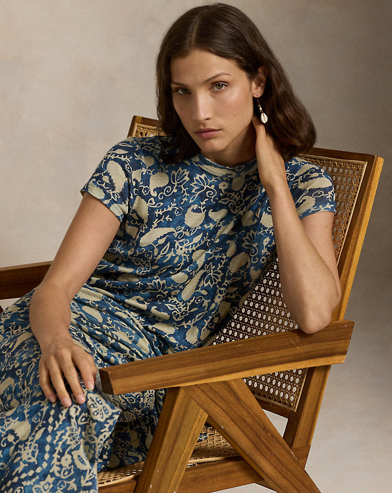 Print Linen Faux-Wrap Dress Scarf Print