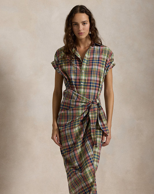 Plaid Cotton Faux-Wrap Shirtdress Yellow/Green/Navy Multi