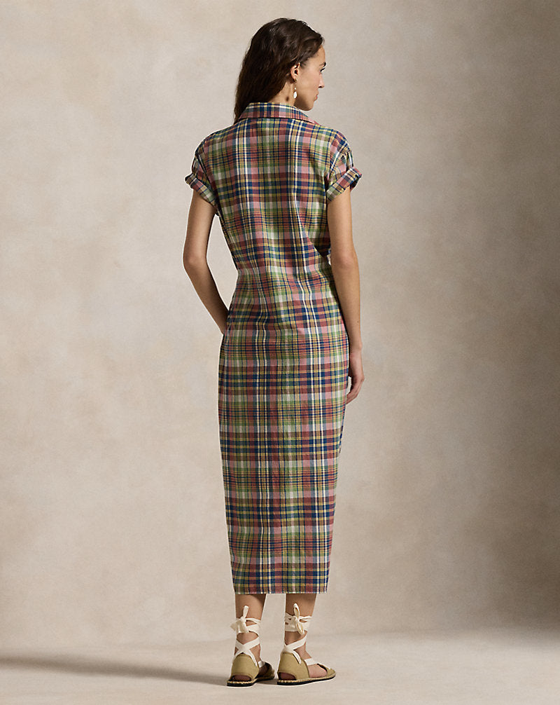 Plaid Cotton Faux-Wrap Shirtdress Yellow/Green/Navy Multi