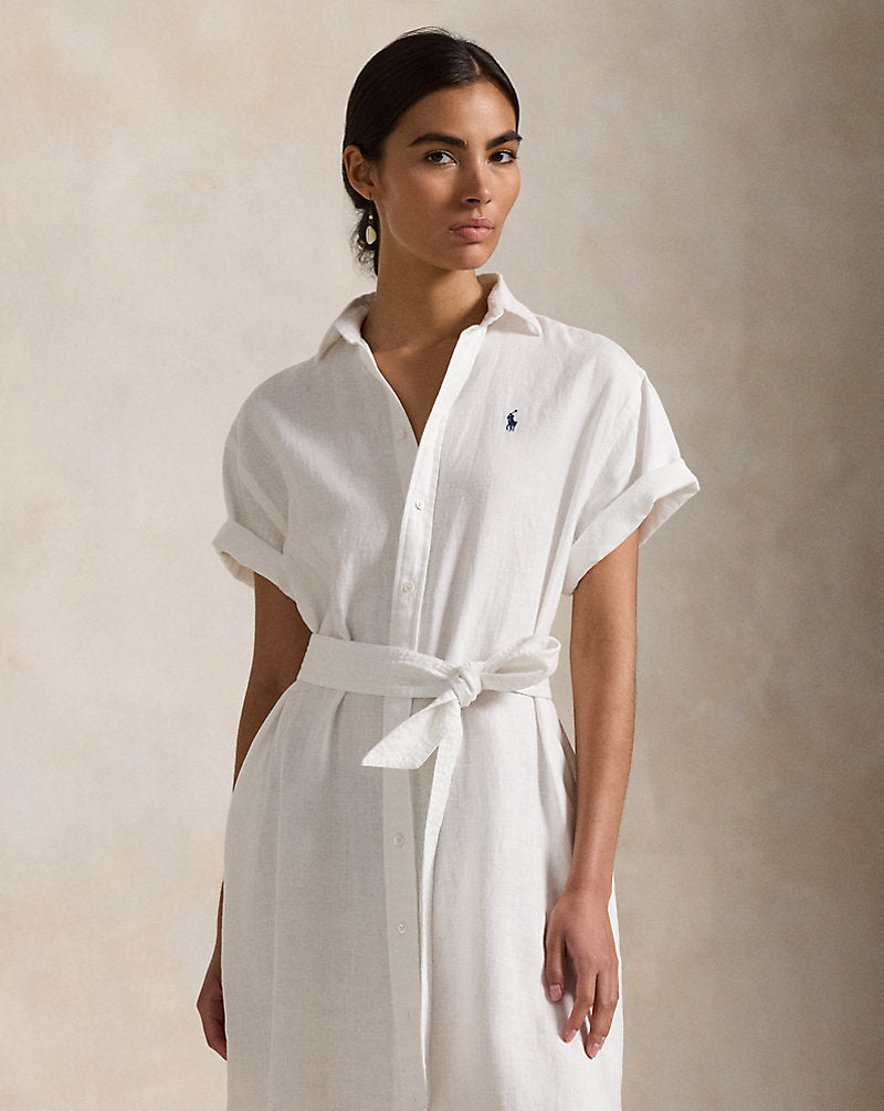 Linen Short-Sleeve Shirtdress White