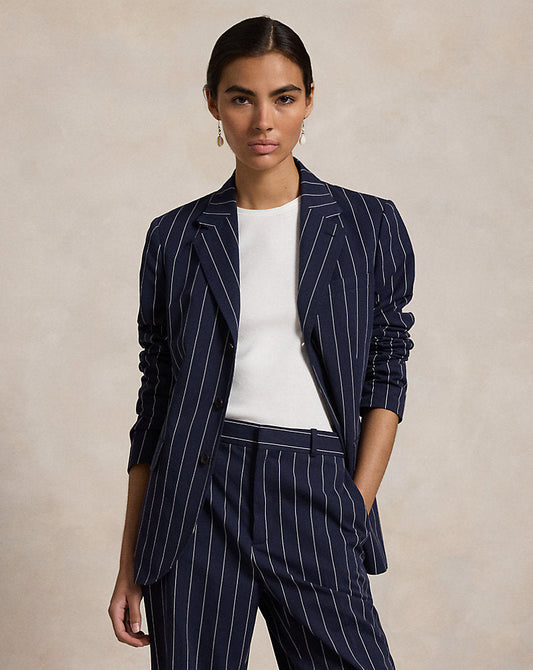 Pinstripe Cotton-Linen Blazer Navy/Cream