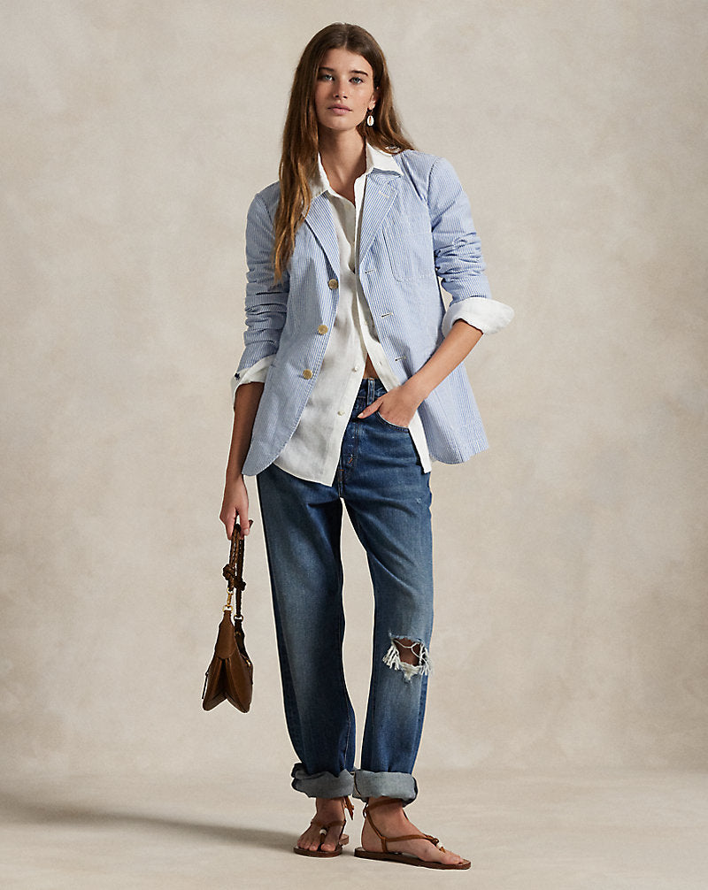 Striped Cotton Seersucker Blazer Bright Blue/White