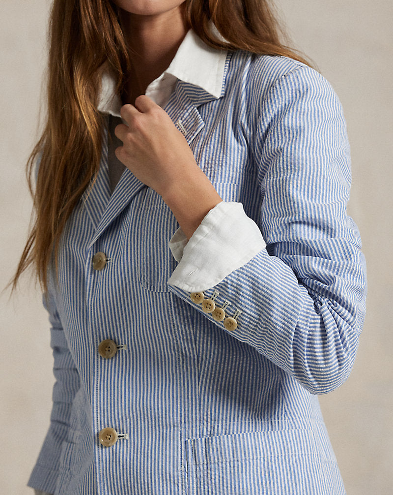 Striped Cotton Seersucker Blazer Bright Blue/White