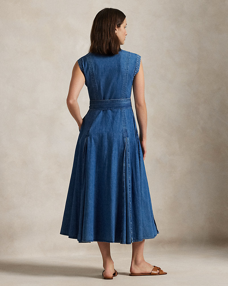 Belted Denim Sleeveless A-Line Dress Indigo