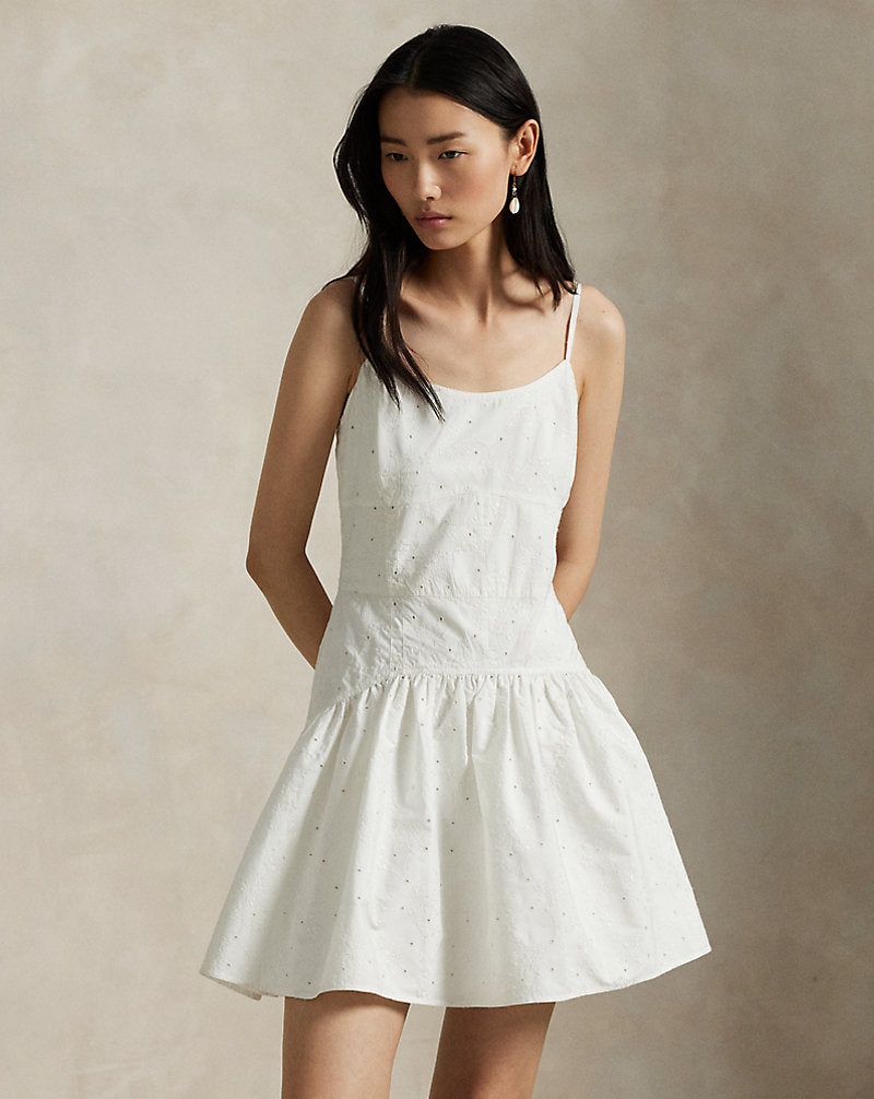 Eyelet Panelled Cotton Dress White