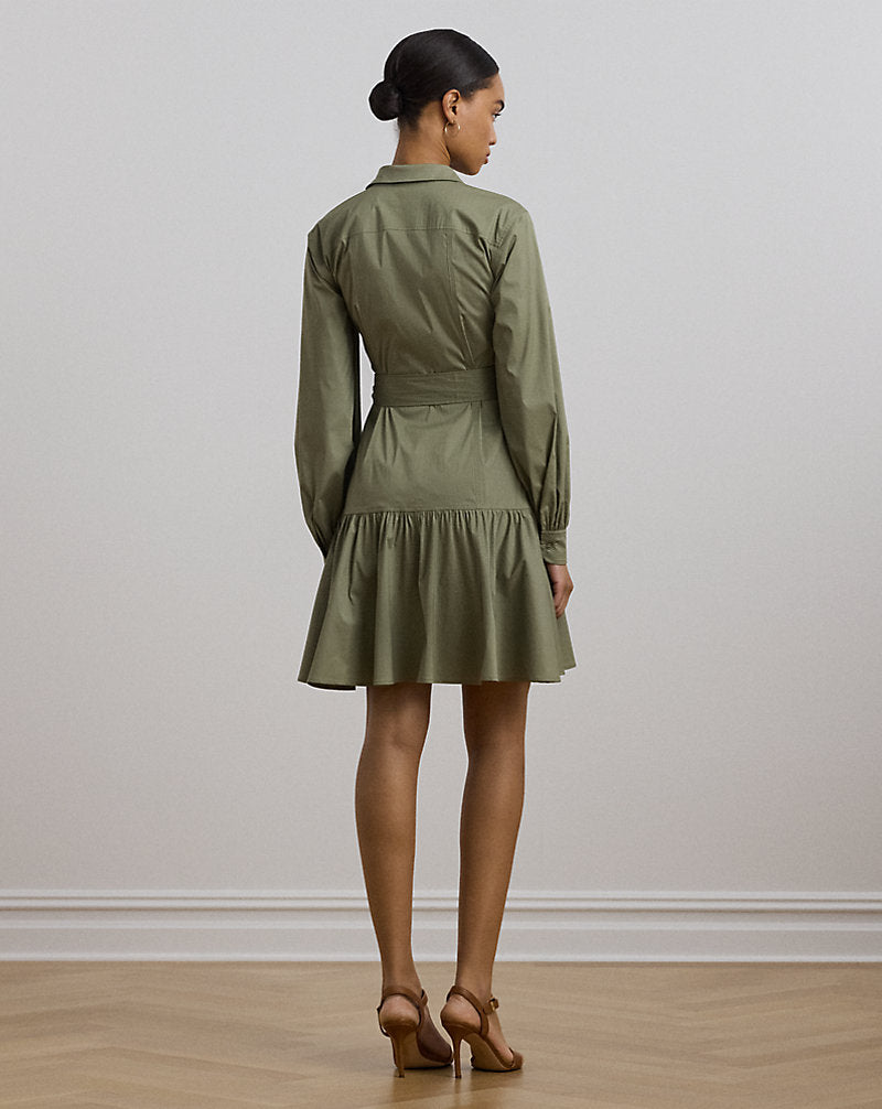 Belted Cotton-Blend Shirtdress Sage Green