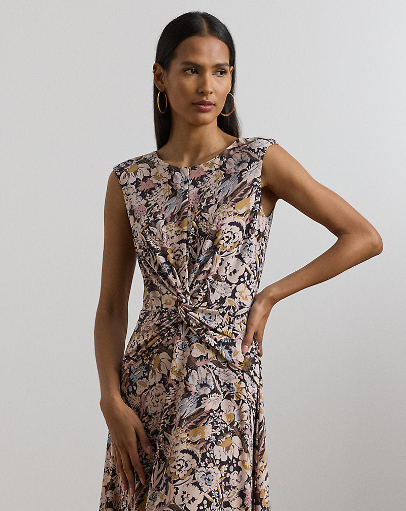 Floral Twist-Front Jersey Dress Brown Multi
