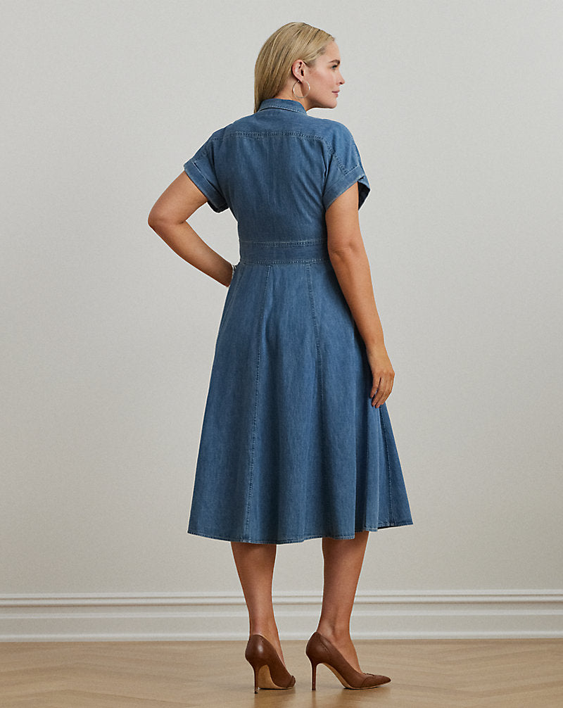 Buckle-Trim Denim Shirtdress Opal Wash