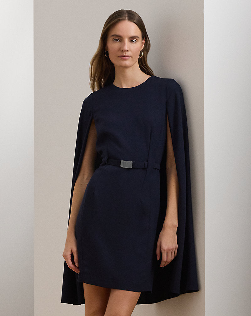 Belted Cape Georgette Cocktail Dress Lighthouse Navy
