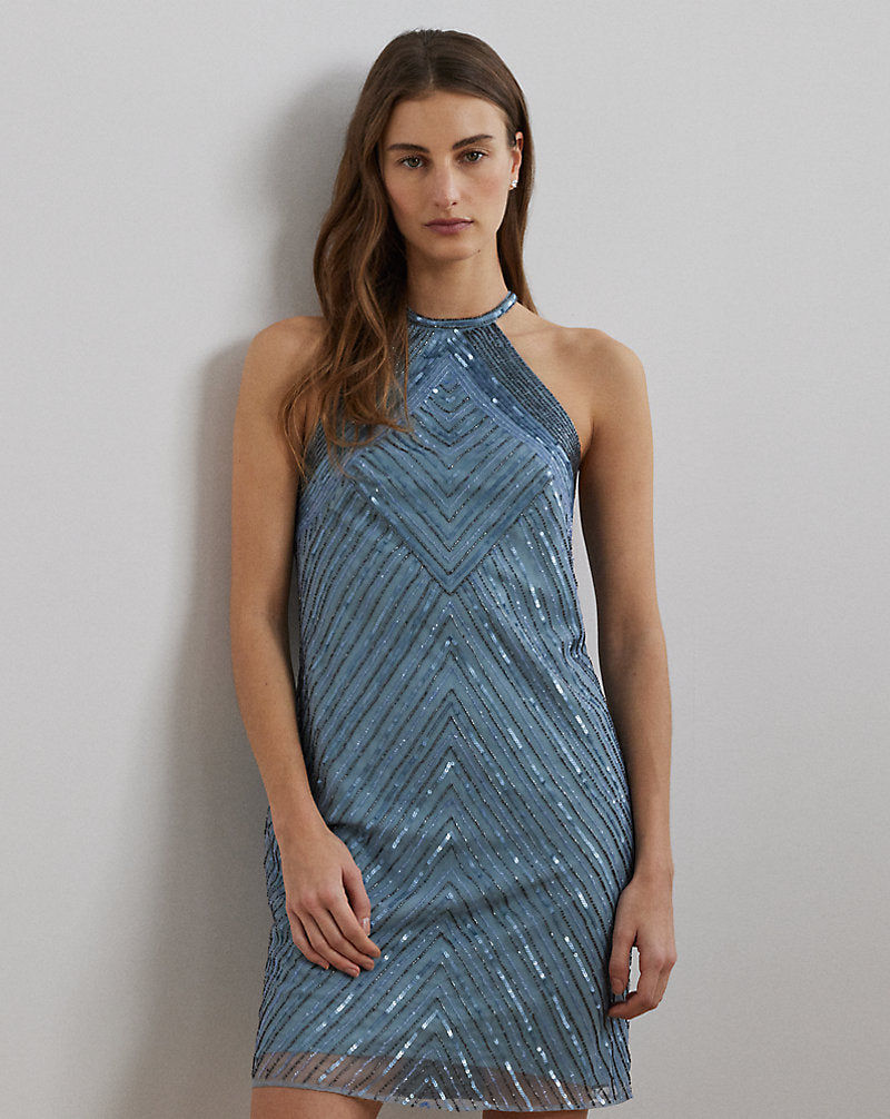 Beaded Mesh Halter Cocktail Dress Light Blue Multi