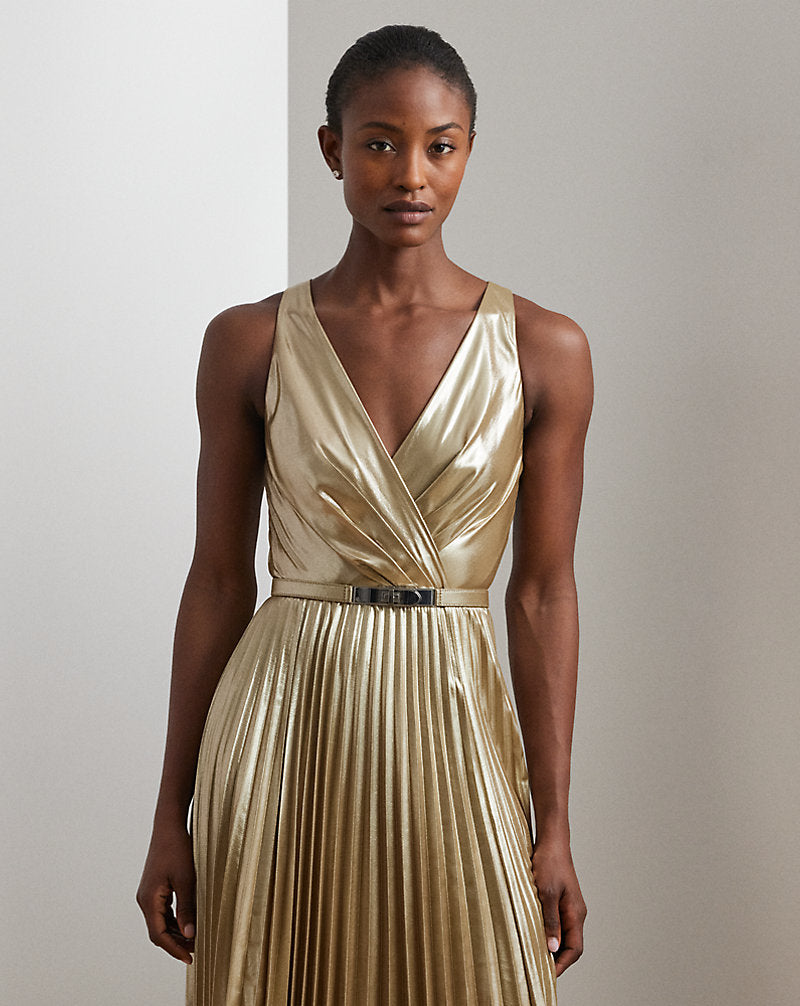Belted Metallic Chiffon Surplice Gown Tan/Light Gold Foil