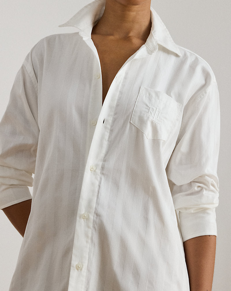 Shadow-Stripe Cotton Sleep Shirt White