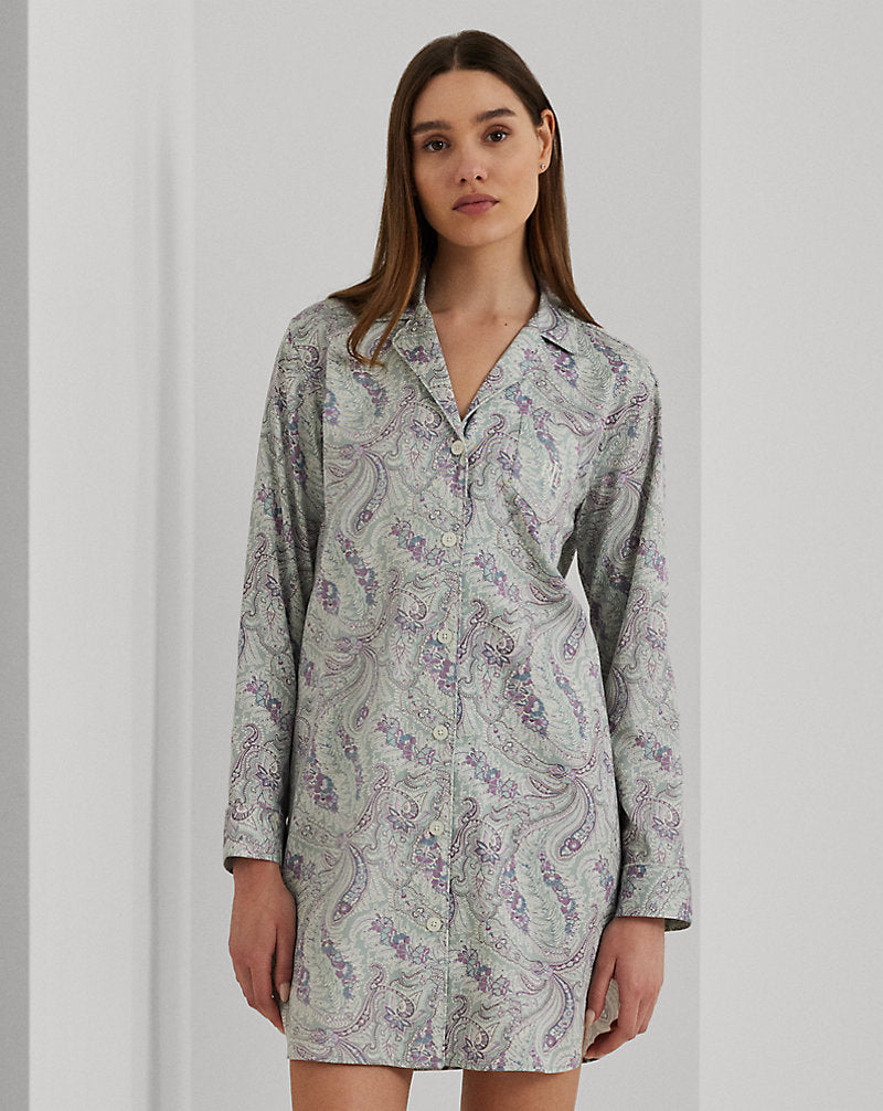 Paisley Cotton-Blend Sateen Sleep Shirt Sage