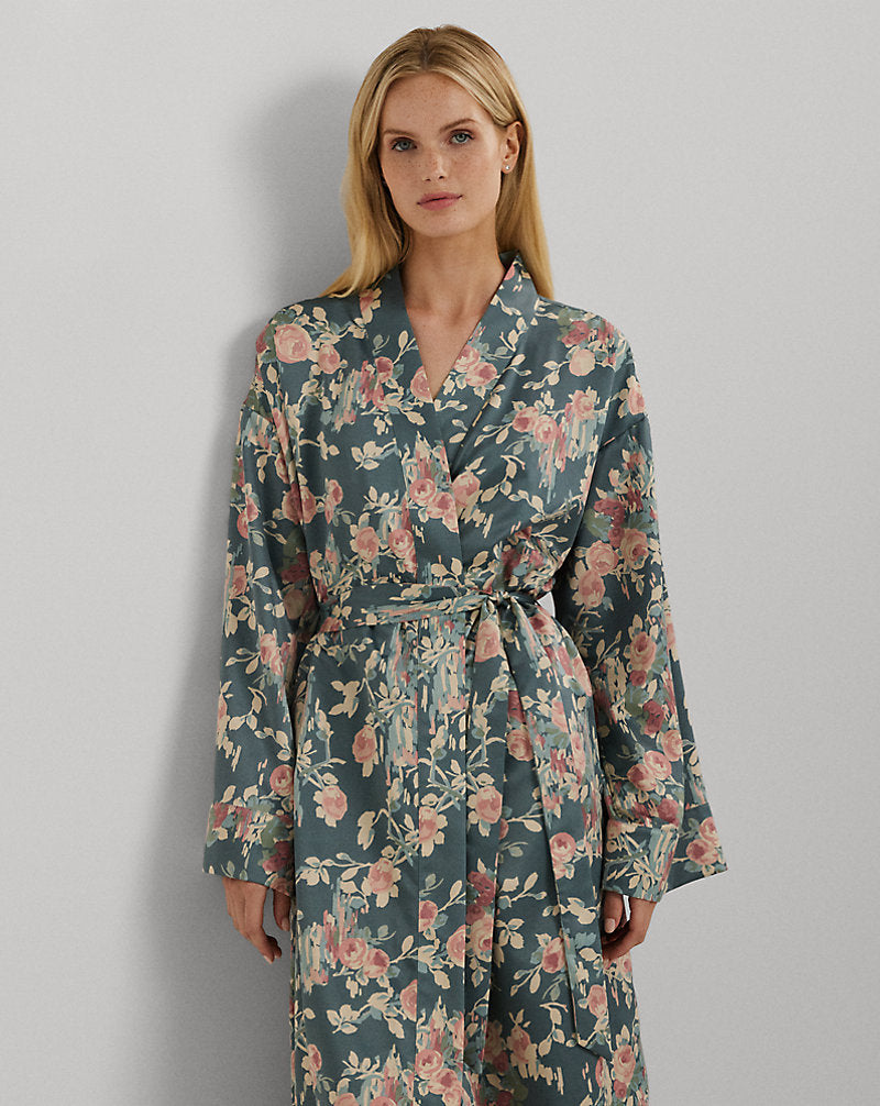 Floral Belted Satin Long Robe Sage